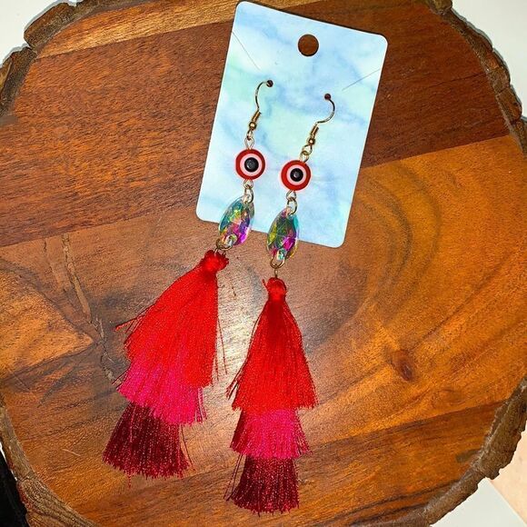 Red Evil Eye Tassel Fringe Statement Earrings - Picture 2 of 6